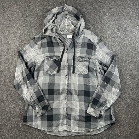 Columbia Two Times Shirt Women’s 1X Gray Check Hooded Pockets Button Down Plus - Picture 1 of 8